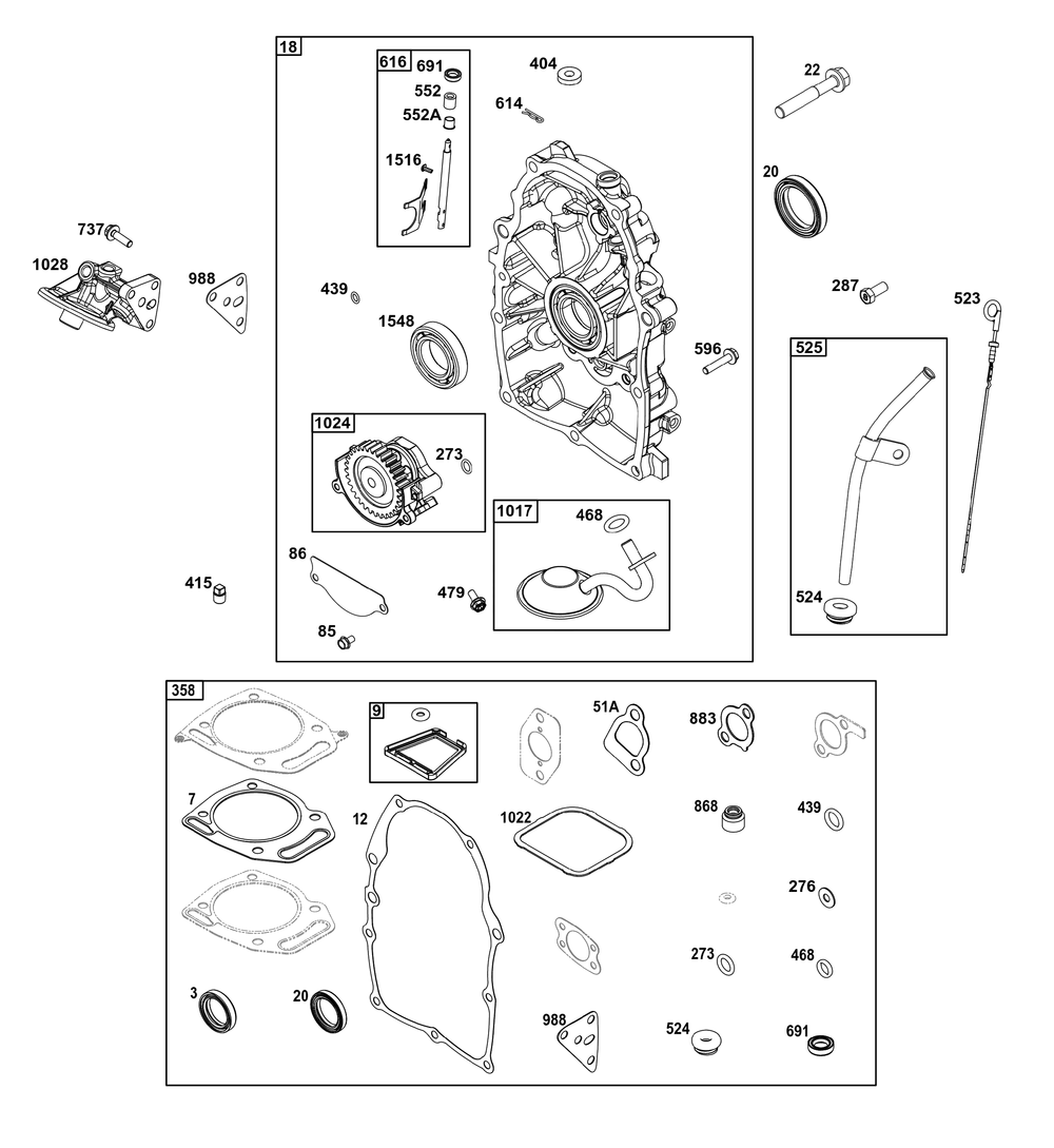 Crankcase Cover/Sump Group Diagram and Parts List for 305447-0335-F1 200000 - 399999 Briggs and Stratton Engine